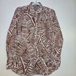 J McLaughlin Women's Medium Linen Button Down Shirt Brown White Tribal Print